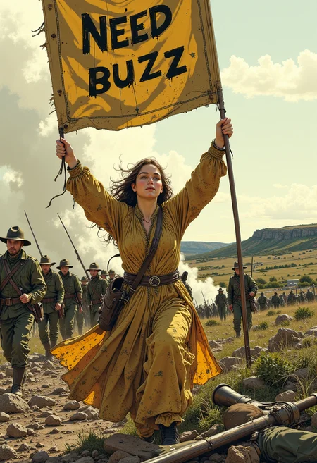 (((front view))), in a cinamatic style, a 40yo woman in a worn off medieval dress running up a hill waving a big banner with the text:"Need buzz", in the middle of a battlefield, mist and smoke all around, dead yankee soldiers lying around in dirt and mudd. Scenery like in a action movie,