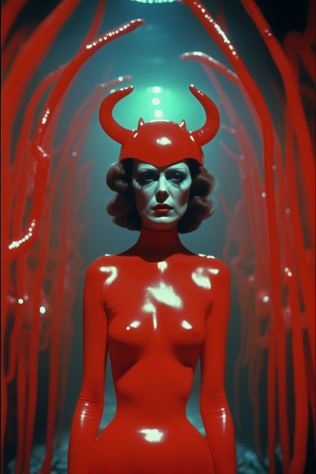 <lora:Director David Lynch style:1>Director David Lynch style - 1977 film still, horror movie, woman wearing a fantastical devil costume made of plastic in a hellscape, atmospheric, cinematic, style1977, full shot, ultra wide shot, low angle, soft lighting, strong colours, inspiredSuspiria