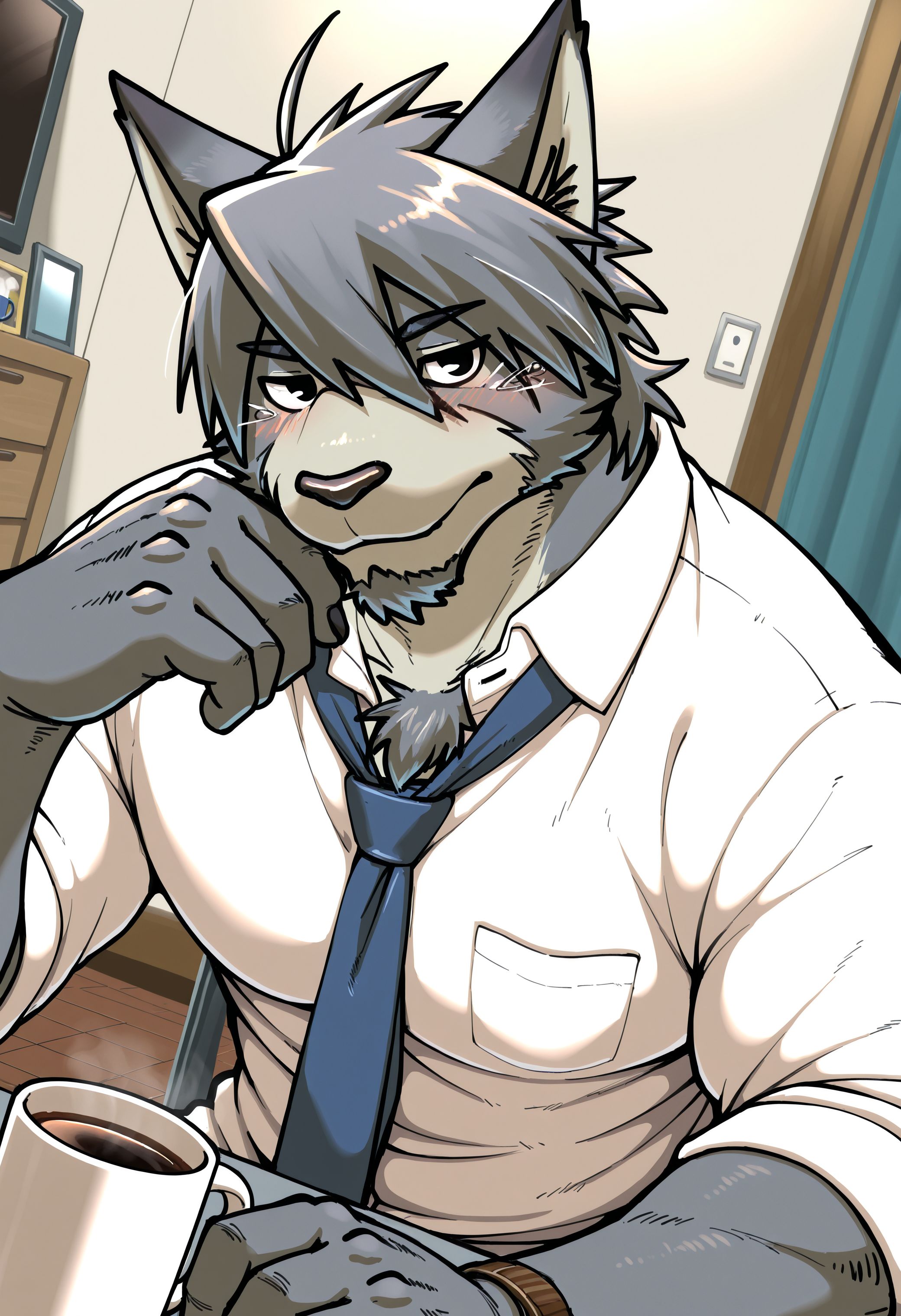 best quality, amazing quality, very aesthetic, absurdres, newest, mitsuhisa_aotsuki, morenatsu, solo, furry male, bara, facial hair, black eyes, grey body, two-tone fur, blue tie, white shirt, coffee mug, seductive, room, dutch angle, detailed background, <lora:Mitsuhisa_Aotsuki_Morenatsu_Illustrious:1>