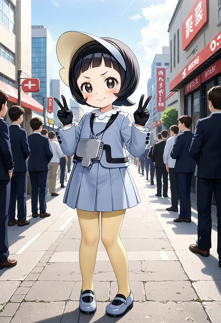 <lora:Hyper-SDXL-8steps-lora:1> <lora:Fixhands_anime_bdsqlsz_V1:1> zPDXL2, score_9, score_8_up, score_7_up, source_anime, intricate details, perfect anatomy BREAK
outdoors, city, tokyo, japan, audience, crowd, standing, double v, knees together feet apart, Teasing, A playful smirk, a raised eyebrow, and a hint of dominance., 1girl, solo, solo focus,
<lora:PMSV-poppy_XL(pony)v10:1> PMSV-poppy, black hair, medium hair, visor cap, black eyes, blush stickers, key necklace, grey cardigan, grey pleated dress, black gloves, yellow pantyhose, grey shoes,