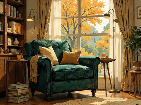 A cozy nook with a plush velvet armchair in deep forest green, accompanied by a round wooden side table. The armchair is positioned beside a large bay window, showcasing a view of autumn foliage. Soft golden light filters through sheer beige curtains, casting a warm glow on the space. A knit throw blanket drapes over the armchair's armrest, paired with a couple of plump cushions in rich earthy tones. A vintage brass floor lamp with a curved neck stands nearby, providing gentle ambient lighting. The flooring is natural oak with a soft woolen rug in muted patterns, adding texture and warmth. An assortment of hardcover books is stacked neatly on the side table, enhancing the inviting atmosphere. 8k resolution, masterpiece, intricate details. <lora:Memadukan_Brush_Strokes_of_Fineart:0.7> <lora:FluxMythP0rtr4itStyle:0.5> <lora:Blue_Future:0.9> <lora:Kodak Motion Picture Film style v1:0.9> <lora:Ethereal Brush Anime v2.0:0.5> <lora:flux_dev:1>