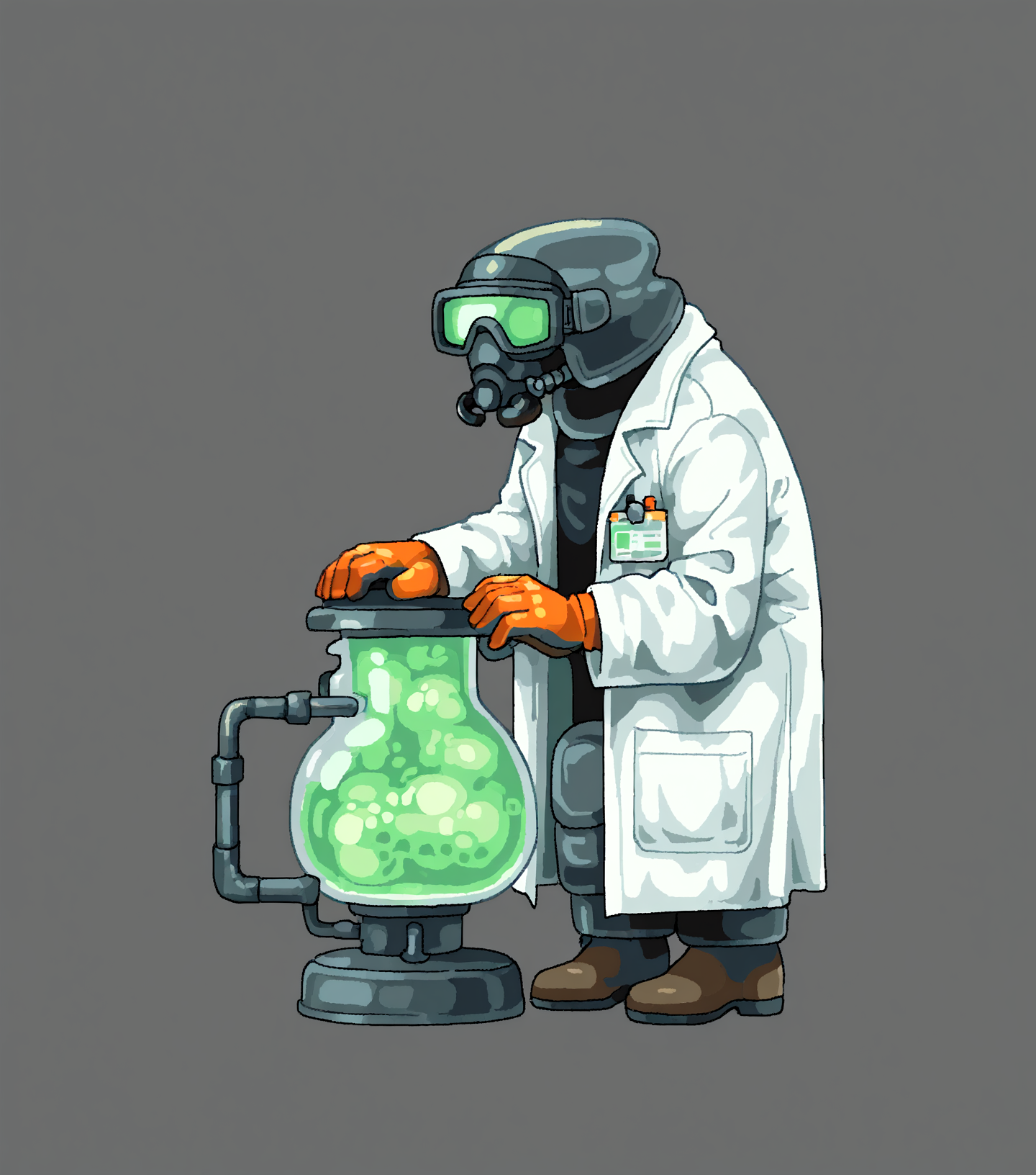 masterpiece, best quality, amazing quality, <lora:Style_v1_buns:1> 5tyl3v1, solo, simple background, no humans, full body, Biotechnologist, lab coat, safety glasses, gloves, research laboratory scenery, masterpiece, best quality, amazing quality