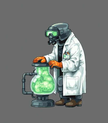 masterpiece, best quality, amazing quality, <lora:Style_v1_buns:1> 5tyl3v1, solo, simple background, no humans, full body, Biotechnologist, lab coat, safety glasses, gloves, research laboratory scenery, masterpiece, best quality, amazing quality