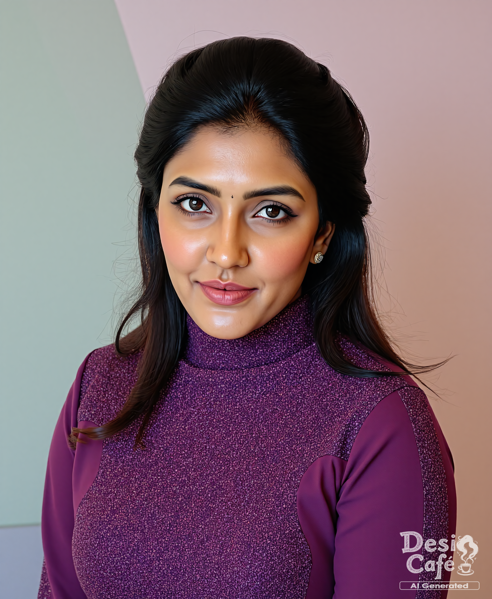 headshot photo of eesh4 r3bb4 woman with a thin waist and hourglass figure, hyper realistic photo that is safe for work, shy smile, studio quality image with natural colors, well dressed wearing intricate turtleneck Violet Kashmiri Pashmina Suit, hair styled as  french plait,muted pastel shaded multicolored background that contrasts with the person, cinematic lighting,âââââ  <lora:Eesh4_R3bb4_Eesha_Rebba_Flux_Kohya_V1:1>âââ