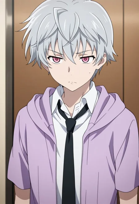 masterpiece,best quality,amazing quality, source_anime,
aruakise, 1boy, male focus, solo, pink eyes, grey hair, shirt, white shirt, collared shirt, black necktie, purple jacket, hood, short sleeves,