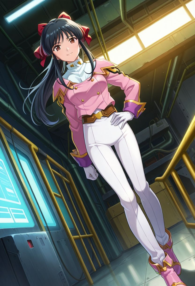 detailed eyes, beautiful, detailed background, perfect eyes,
source_anime, very aesthetic, anime coloring, masterpiece, official art,
<lora:HandFineTuning_XL:1>
BREAK,
factory, sci-fi,
full body, dynamic angle, long legs,
hand on hip, light smile,
BREAK,
<lora:shinguji_illustrious_v01:0.9>
sakuraSt, black hair, hair ribbon, red ribbon, brown hair, ponytail, red bow, sidelocks, bangs,
white pants, uniform, military uniform, pink jacket, white gloves, white ascot, 
pink shoes,