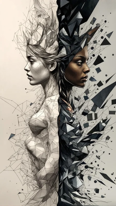 DonMFr4ctur3dD1ffFXThe, perfection style. A breathtaking young woman standing in the center of the image. The composition follows a linear transition from right to left, starting with a detailed line art effect in the first section of the image. In this section, the woman and her surroundings are drawn in intricate line work, emphasizing clean lines and minimal shading. As the image progresses, the middle section features a fracture effect, where geometric shapes break apart from the womanâs form, creating a fragmented and dynamic look. Finally, the last section shifts into a photorealistic style, where the woman appears in stunning detail, with realistic skin texture, expressive eyes, and lifelike hair. The lighting is soft and natural, highlighting the transitions between the art styles and ensuring a smooth, visually striking progression from line art to fractured geometry, and finally to realism. , <lora:Genart_EffectV1.safetensors:0.25:0.25> <lora:DonMFr4ctur3dD1ffFXThe.safetensors:0.5:0.5> <lora:perfection style v1.safetensors:1.0:1.0>