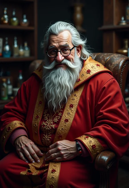 The Dean, senior wizard, round and portly, flamboyant robes in vibrant crimson and gold, slightly disheveled look, proud yet slightly eccentric, spectacles perched on his nose, thick, neatly trimmed gray beard, mischievous twinkle in his eye, faint aura of magical energy, comfortable yet cluttered study, surrounded by potion bottles and arcane objects, exudes both wisdom and eccentricity, humorous air, touch of chaotic energy