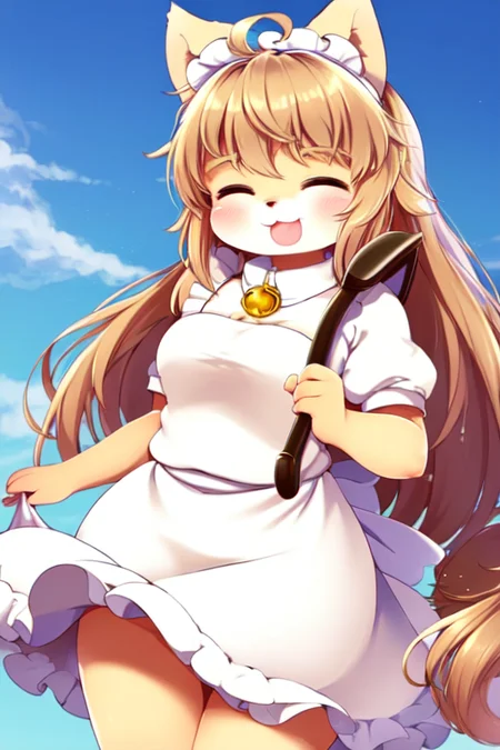 safe for work, (art by nefuraito336), (best quality:1.5), solo, furry girl, cat, ahoge, long hair, (cute round face), (beige fur), fluffy tail, ((maid uniform)), smile, ((in public)), ((blue sky)),