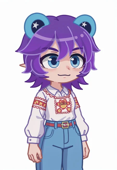Vyshyvanka, Ukrainian embroidered shirt, embroidered shirt, FTROGY5, GachaFTROGY5, Gacha, girl, purple hair, bob haircut, blue frog ears, Blue eyes, big eyes, score_9,score_8_up,score_7_up,score_6_up
