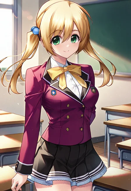 score_9,score_7_up,souce_anime,zPDXL2,classroom BREAK
1girl,k0hinata,twintails,blonde hair,green eyes,hair bobbles,smile,school uniform,red blazer,black skirt,cowboy shot,dutch angle<lora:kohinata:1>