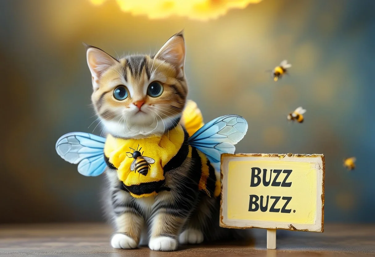 photorealistic
a cute kitten with black fur, kitten is wearing a bee costume with bee wings,(((bees holding a sign that says "Buzz Buzz"))), sign thay says "Buzz Buzz", smile, yellow lightning, blue lightning
1cat
highly detailed, aesthetic, great lighting, extremely detailed, award winning, perfect composition, a rich and complex image of nature, a vibrant tissue of hues and textures captured digitally, best quality, realistic, captivating, intricately detailed, hyper detailed, maximalist style, photorealist, sharp focus, dynamic lighting, superb composition, finest details, highest aesthetics, best quality, sharp focus, high contrast, stylized, clear, colorful, ultra quality, 8k, best quality, masterpiece,midjourneyv6.1
AP, no humans, animal focus, cat ,looking at viewer, animal,