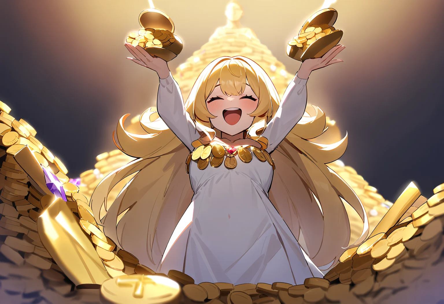 masterpiece, best quality, very aesthetic, absurdres, soft shadows,1girl. blonde hair,long hair, white dress, happy,swimming, pile of gold <lora:treasure room (animagine) v1:1>, swimming in gold, gold, coins, gem, gemstone, gold statue, golden sword, jewellery, pearl
