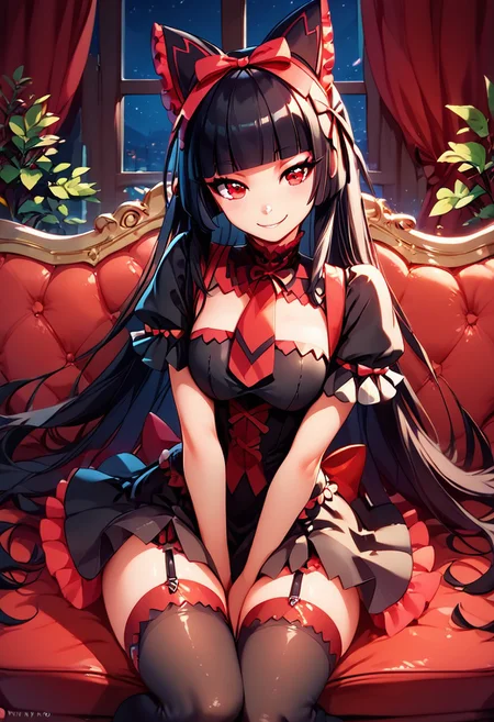 score_9, score_8_up, score_8, (curvy), cute, eyelashes,
,,,
zzRory, red eyes, long hair, black hair, blunt bangs, hime cut, very long hair, hair ribbon, black dress, black thighhighs, garter straps, bow,,,,
spreading legs, hand between legs, blush, smug,
,,,
smile, looking at viewer, blush, blurry, couch, sitting, night,
,,,
shiny skin,
,,,
zPDXL, Expressiveh,