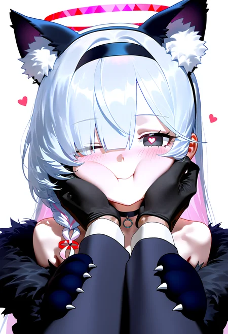 masterpiece, best quality, good quality, nyalia,
1girl, animal hands, animal ears, plana (blue archive), heart, halo, pov hands, black eyes, paw gloves, cat ears, pov, gloves, black hairband, long hair, cheek squash, hand on another's face, red halo, cat paws, hand on another's cheek, black choker, fur trim, hairband, symbol-shaped pupils, one eye closed, colored inner hair, braid, hair over one eye, multicolored hair, choker, looking at viewer, single braid, solo focus, pink hair, white background, white hair, fake animal ears, simple background, heart-shaped pupils, blush, red pupils, 1boy, upper body, closed mouth, bare shoulders, pink pupils, pink halo, tail, cheek press, cat tail, off shoulder, black gloves, 1other, two-tone hair, alternate costume, smile, animal ear fluff, sensei (blue archive), black coat, grey hair, long sleeves
<lora:ai_styles_collection_noob_eps_v1:1>