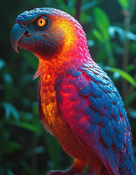 sss, A vibrant, translucent parrot with feathers that shimmer and glow from within. Rendered in a style reminiscent of stained glass, with intricate patterns and rich, jewel-toned colors. The parrot's eyes sparkle with an otherworldly luminescence, reflecting the light passing through its plumage. Its beak is sharp and curved, a striking contrast to the soft, ethereal quality of its feathers.  Subsurface scattering creates a luminous, almost ethereal glow emanating from beneath the parrot's skin.   A backdrop of lush, tropical foliage provides a vibrant contrast to the parrot's translucent beauty.