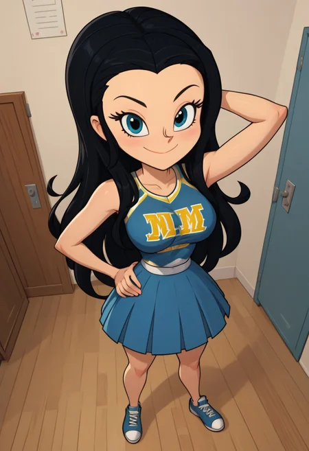 ((room background)),score_9, score_8_up, score_7_up,score_6_up,
1girl, solo, Kelly_KB, light skin, blue eyes, black hair, long straight hair, blue cheerleading top with design, blue cheerleading skirt, white flat shoes, big eyes, cute, tall stature, social smile, perfect eyes, perfect smile, looking at the viewer, detailed eyes, perfect eyes, standing, big breasts (front pose, front view, full body shot, high angle view:1) five fingers, perfect hands, (hand on hip, hand behind head)