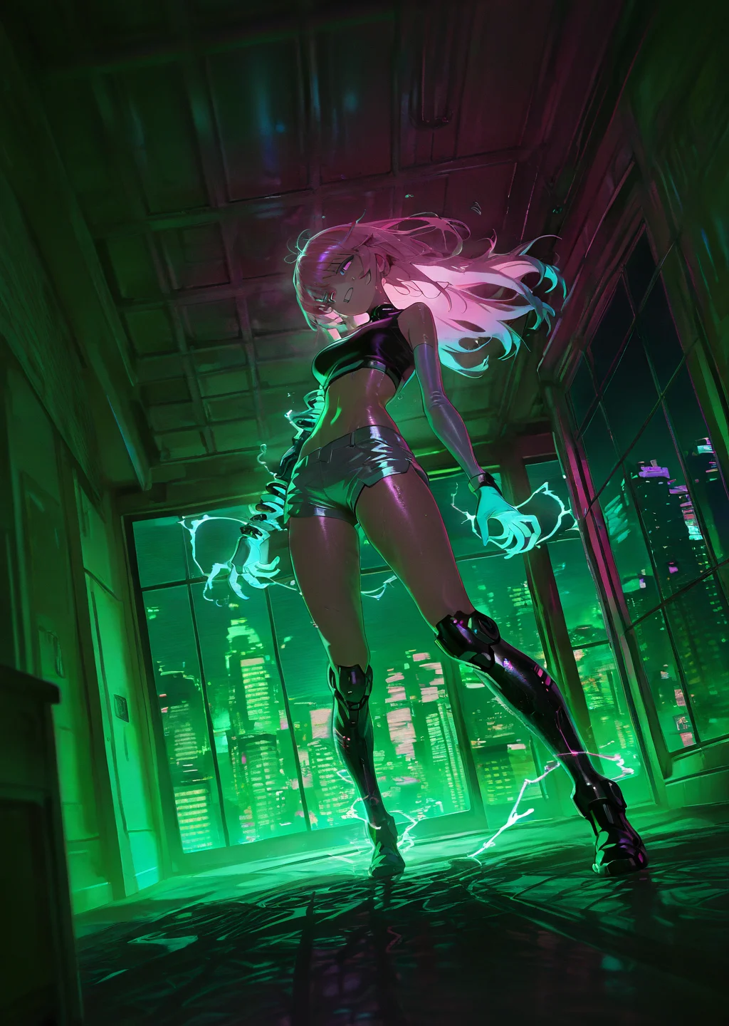 masterpiece, best quality, amazing quality, very aesthetic, absurdres, newest, scenery, dutch angle, shiny skin, humid skin, perspective,
,lowkey lights,
cyberpunk background, pink glow, pink glitch effect, metallic pink hair, glitching pink, pink aura, clenched teeth, bending arm, grin, huge metallic claw, fisheye, motion lines, emphasis lines, silver shorts, white gloves, hand glowing aqua, aqua electricity, blue glow, glitch effect, robot midriff, black robot leg, sweating aqua, cybernetic parts
soft lighting, natural light, indoors, penthouse, window, night, cityscape, furniture, masterpiece, best quality, amazing quality, very aesthetic, absurdres, newest, scenery,
, <lora:Low-key_Lights:0.8>,