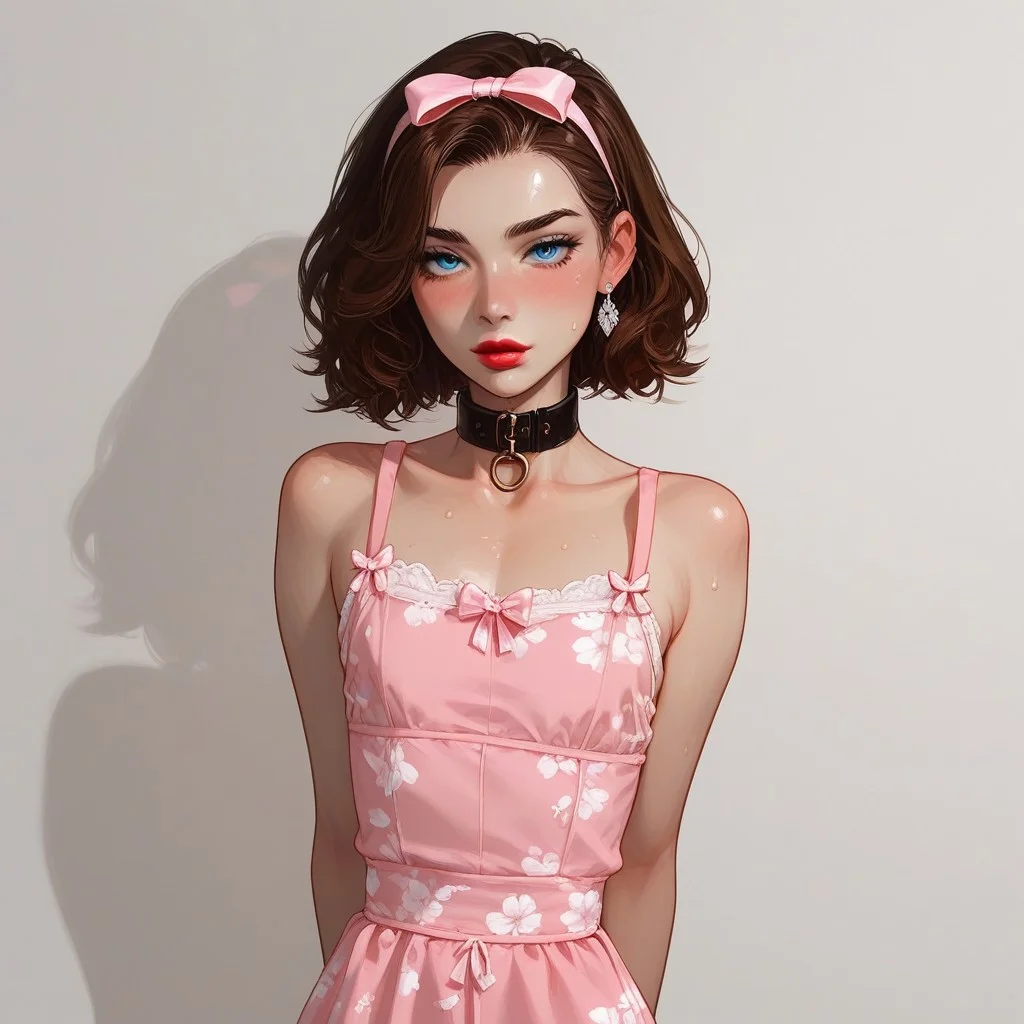 score_9, score_8_up, score_7_up, Expressiveh, fFaceDetail, OverallDetail, sexy pose, 
, kawaii, perfect eyes, detailed, , pale skin, perfect skin, 
(1_Femboy), detailed eyes, big blue eyes,
 , 
sexy skinny feminne body, round sport ass, 
, narrow waist, bob haircut ,brown hair, 
Lace stockings, , black nails, , ear piercing, makeup, lipstick, strands, black collar, , ,
, submissive, thin waist, 
Aroused, , 
sexy, blush,, eyes widen, sweat, 
Solo, 
 cotton dress, cincher, pink dress, floral print, lace, bow, back bow, collarbone, hairband, hair bow, highly detailed, intricate, arms out, leaning back, contrapposto, modelshoot, abstract background, cowboy shot, solo