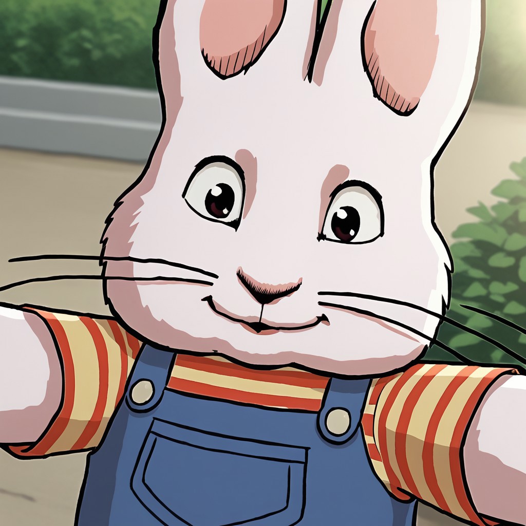 score_9, solo, max_mr, rabbit, furry, overalls, striped shirt, whiskers, cute, selfie, outdoors, natural lighting
