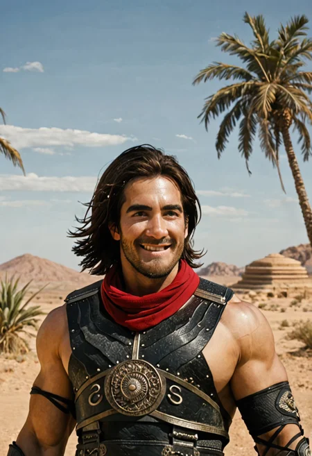 masterpiece, best quality, amazing quality, intricate details, Dastan, armor, muscular male, bara, smile, facial hair, eye sparkle, windblown, scarf, desert, day, palm tree,