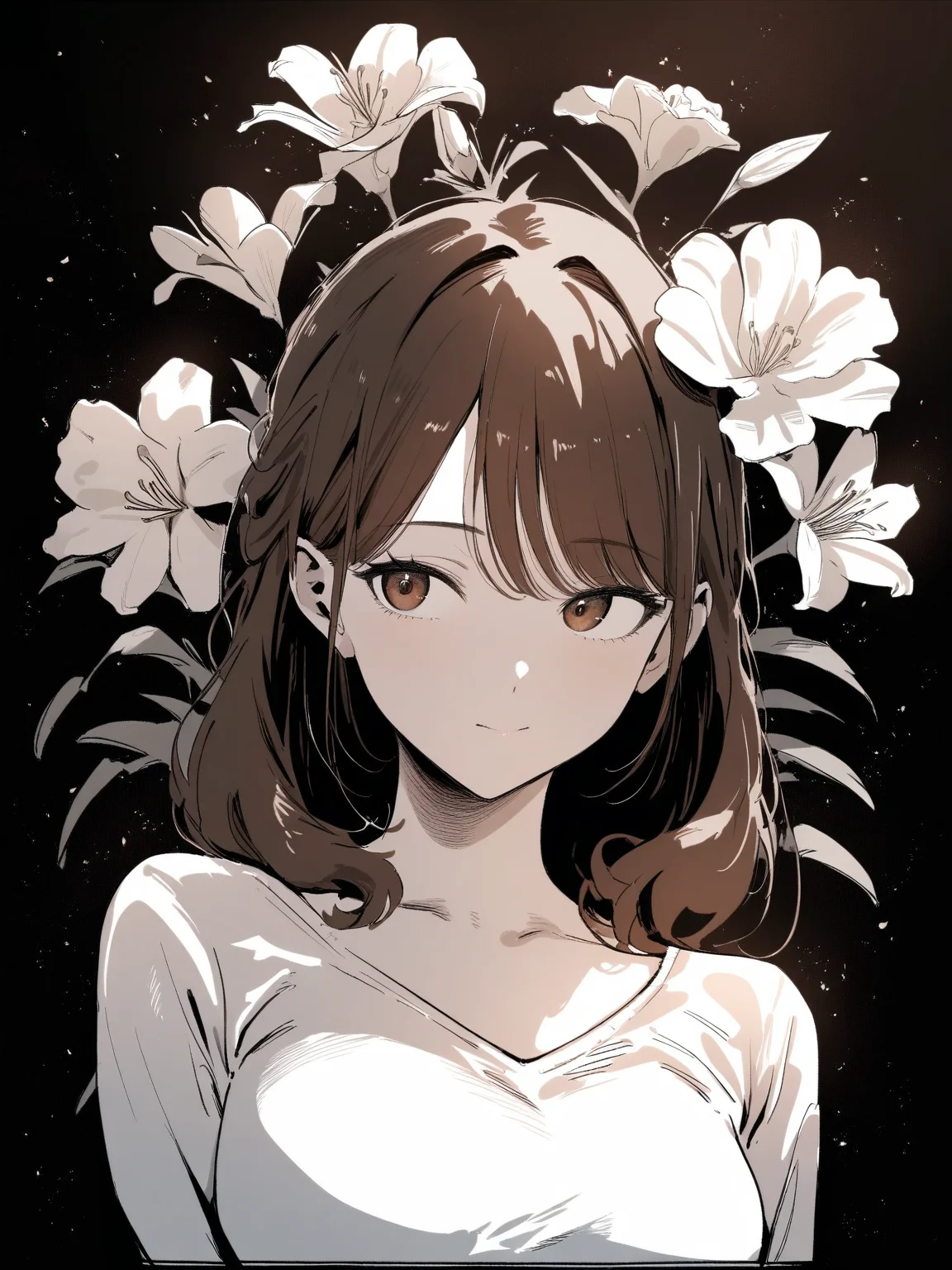 masterpiece,high score,great score,absurdres,  ., (Height, Average height for her age, likely around 5 feet 6 inches (167 cm) as an adult:1), (Build, Slim but not overly athletic, with a natural, slightly willowy frame that matches her bookish lifestyle:1), (Hair, Thick, bushy brown hair, often untamed and wild in her younger years. By the time sheâs older, she tames it somewhat, but it still retains a voluminous and wavy quality:1), (Eyes, Warm brown eyes, described as bright and intelligent, reflecting her curiosity, quick thinking, and inner passion for knowledge:1), (Skin, Fair complexion with a natural, slightly rosy undertone, giving her a healthy and youthful appearance:1),, <lora:R0k00Bl0ckB0ckgr00ndHD:1>,R0k00Bl0ckB0ckgr00ndHD, still life, black background, no humans, simple background, meticulous, monochrome, Rembrandt Lighting, greyscale, Focus on details, flower, gradient,,
