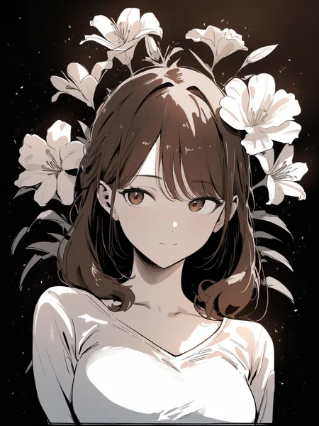 masterpiece,high score,great score,absurdres, ., (Height, Average height for her age, likely around 5 feet 6 inches (167 cm) as an adult:1), (Build, Slim but not overly athletic, with a natural, slightly willowy frame that matches her bookish lifestyle:1), (Hair, Thick, bushy brown hair, often untamed and wild in her younger years. By the time sheâs older, she tames it somewhat, but it still retains a voluminous and wavy quality:1), (Eyes, Warm brown eyes, described as bright and intelligent, reflecting her curiosity, quick thinking, and inner passion for knowledge:1), (Skin, Fair complexion with a natural, slightly rosy undertone, giving her a healthy and youthful appearance:1),, <lora:R0k00Bl0ckB0ckgr00ndHD:1>,R0k00Bl0ckB0ckgr00ndHD, still life, black background, no humans, simple background, meticulous, monochrome, Rembrandt Lighting, greyscale, Focus on details, flower, gradient,,