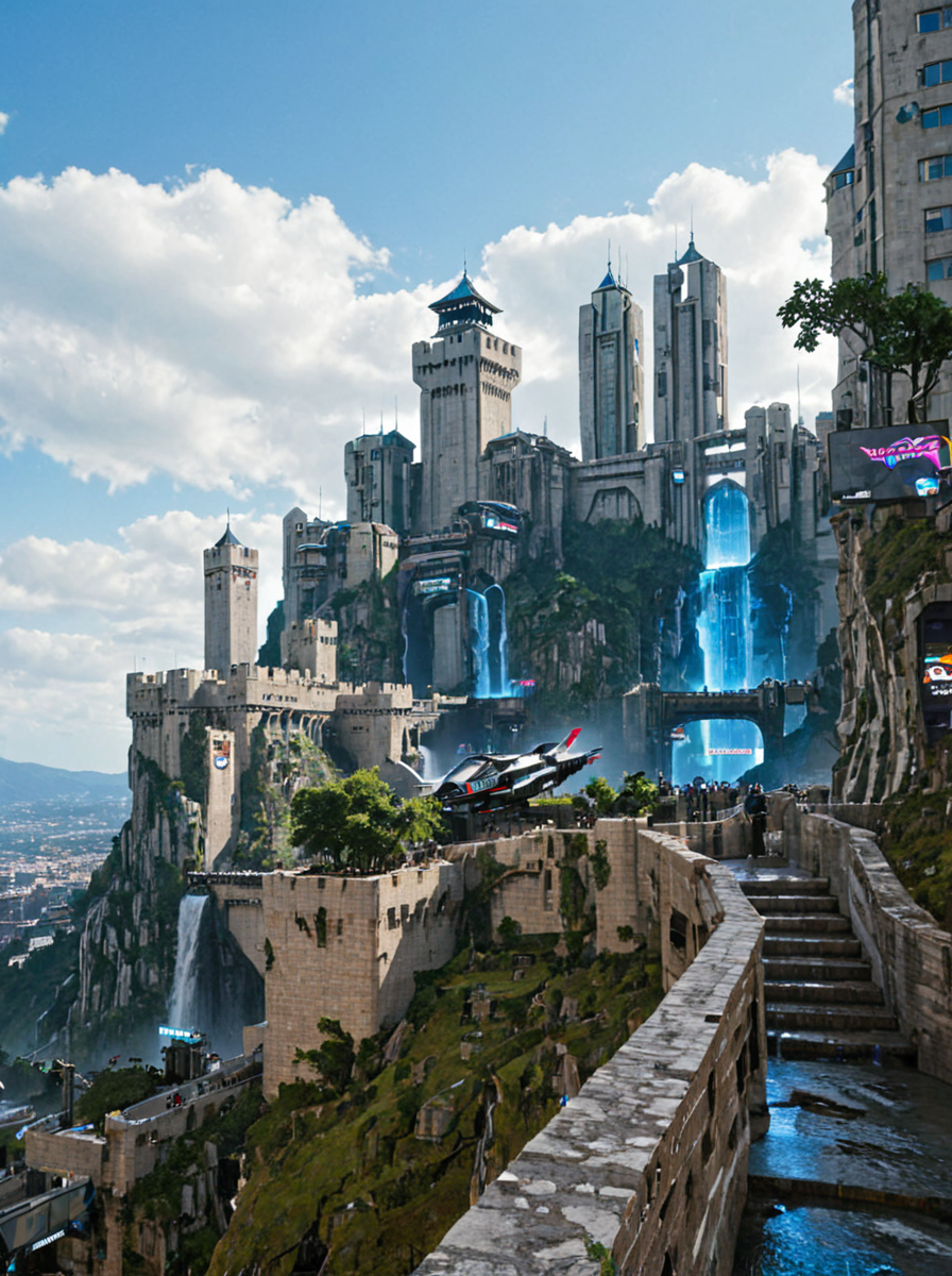 <lora:YCO_xl_F1c:1> yco_xl, fortified castle, fortified town, outside, vegetation, wet, blue sky, day, tree, sunny, on top of a rocky mountain, <lora:City_Worldsv2:0.7> realistic photo of citybkg, cyberpunk, ambiance, clouds, airship, very detailed, mega structures, futuristic, side view, high buildings, illuminated, city lights, billboards on buildings, street, signs, shops, illuminated, fortified bridge, neons, white colored castle wall bricks, huge waterfall, five towers, one separate tower, grass, over-the-shoulder view, scenery, stairs