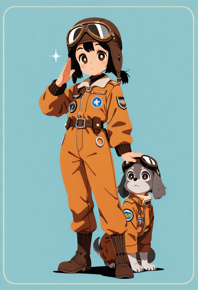 1 girl , 1 dog , dog girl , (shortstacks:1.3) , Aviator Cap , pilot goggles , pilot jacket , dog anthro , grey fur , looking at viewer , saluting , 
masterpiece, best quality ,amazing quality ,haiz_ai , no lineart ,no outline, vfaix, ((Vintage art ,retro art)) ,