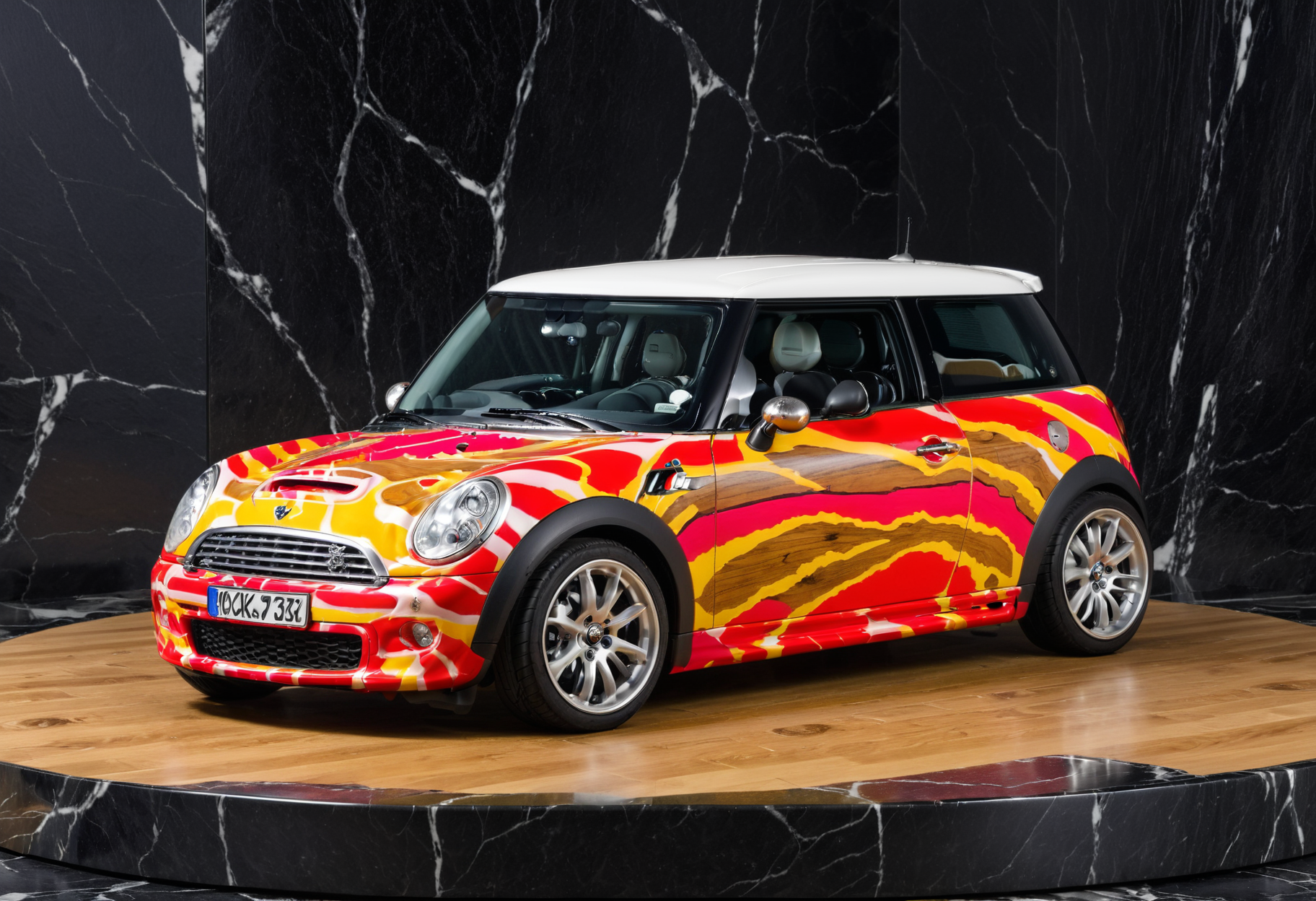 lgcrs,a  car, Mini Cooper, looking like a queen,with aggressive color pattern, (oaken wood:1.5),parked on a (black marble surface:1.2),before a silver sphere, fox like pattern
<lora:Retro_Cars-000011:0.8>,