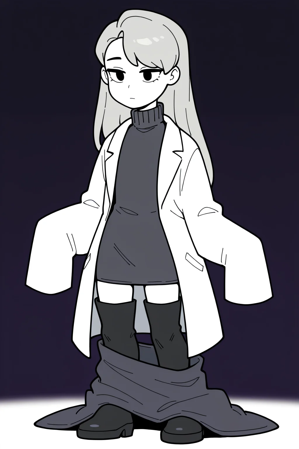 masterpiece, best quality, Detailed, 2D, 1girl, solo, dramelia, long hair, grey hair, white skin, lab coat, dark grey turtleneck sweater, dark grey pencil skirt, black thigh boots,AgeRegression,Oversized Clothes, child, oversized sweater, skirt pull, oversized boots