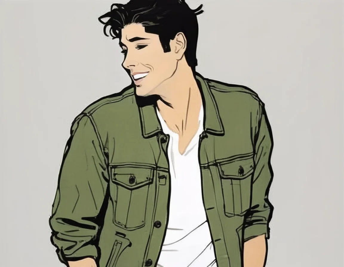 japanese line painting of de4n, male, <lora:RG2:1>in the style of rene gruau, vogue, illustration, style, minimalistic, with white background, brush strokes <lora:De4n-leosam-01-000008:1>, khaki green denim jacket, grey t-shirt, looking back, close-up, :d, laughing, happy