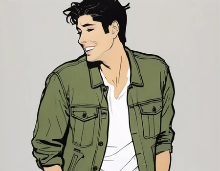 japanese line painting of de4n, male, <lora:RG2:1>in the style of rene gruau, vogue, illustration, style, minimalistic, with white background, brush strokes <lora:De4n-leosam-01-000008:1>, khaki green denim jacket, grey t-shirt, looking back, close-up, :d, laughing, happy
