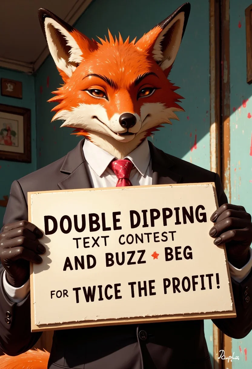 Anime style oil painting portrait of an anthro fox in a suit presenting a sign with "DOUBLE DIPPING TEXT CONTEST AND BUZZ BEG FOR TWICE THE PROFIT" written in a playful, rounded font