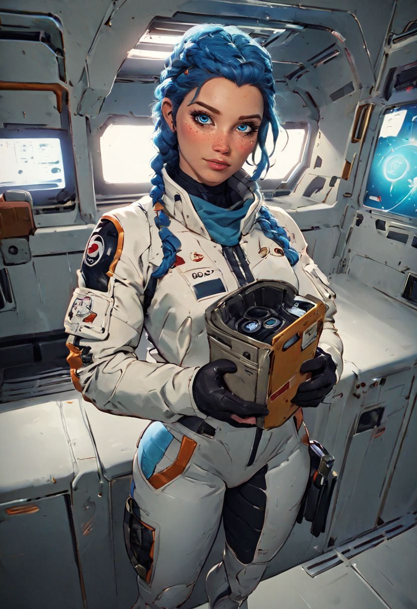 score_9,score_8_up,score_7_up,score_6_up, source_illustration, a cute thin girl with long blue braided hair, blue eyes, fair skin, freckles,wearing a (space suit:1.2), small breasts, tattoos; standing in the corridor of a spaceship, looking directly at the viewer, view from above; dimly lit, dark lighting, volumetric soft light, hazy, intricate details, rating_explicit, nostromostyleai, starship interior, space outside, grungy and worn-down spaceship corridors, no windows, nostromostyleai, m41apls, holding a pulserifle,