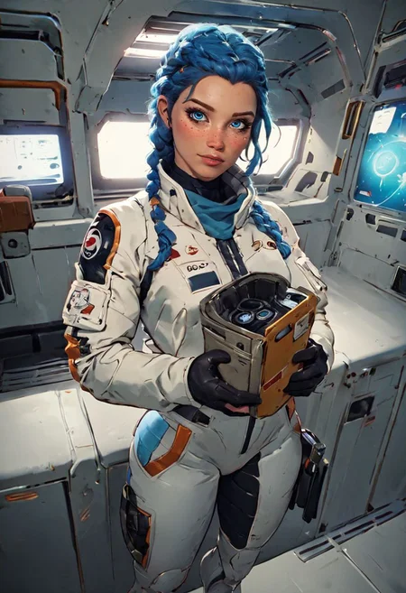 score_9,score_8_up,score_7_up,score_6_up, source_illustration, a cute thin girl with long blue braided hair, blue eyes, fair skin, freckles,wearing a (space suit:1.2), small breasts, tattoos; standing in the corridor of a spaceship, looking directly at the viewer, view from above; dimly lit, dark lighting, volumetric soft light, hazy, intricate details, rating_explicit, nostromostyleai, starship interior, space outside, grungy and worn-down spaceship corridors, no windows, nostromostyleai, m41apls, holding a pulserifle,