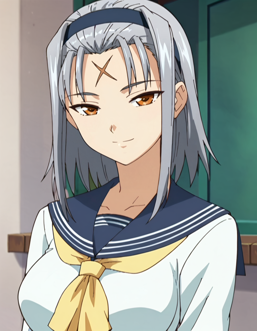 score_9,score_8_up,score_7_up,score_6_up,score_5_up,score_4_up,1girl, <lora:ageha_kuki:0.7> ageha_kuki,gray hair,hairband, forehead mark,big breasts,looking at viewer,smile,
school uniform, serafuku, long sleeves,skirt,(anime screencap),upper body