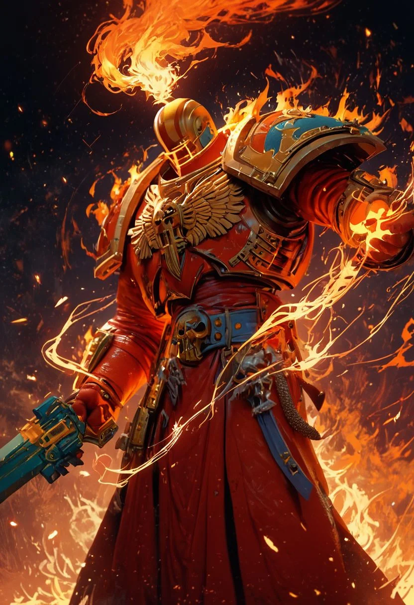 score_9, score_8_up, score_7_up, score_6_up, score_5_up, score_4_up, male space marine, warhammer, primarch, holding a sword, fire aura, fire magic, storm of fire, perfect anatomy, approaching perfection, dynamic, highly detailed, smooth, sharp focus, art by Carne Griffiths and Wadim Kashin, trending on artstation, sharp focus, intricate details, highly detailed, by greg rutkowski, mysterious, epic, cinematic, digital art, 4k,