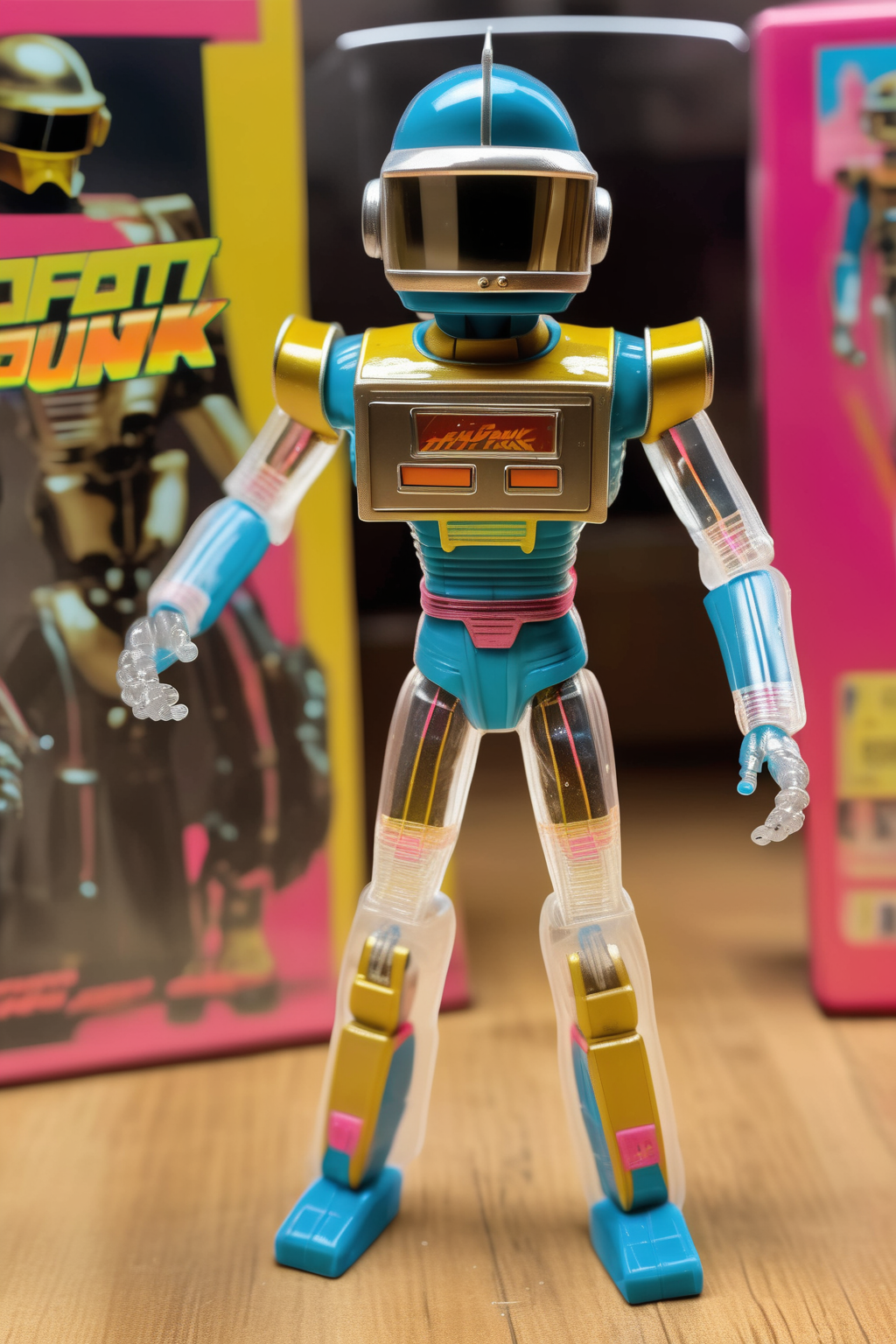 <lora:1987 Action Figure Playset Packaging:1>1987 Action Figure Playset Packaging - A product photo of a 1980s toy clear plastic Daft Punk robot action figure in front of packaging