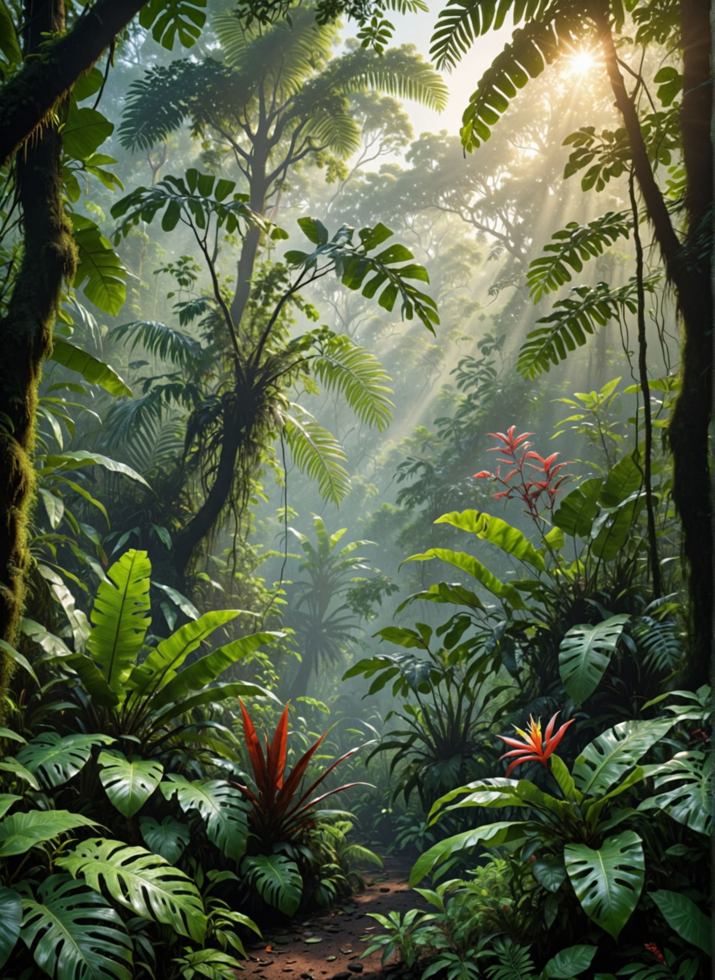 photorealistic, a tropical rainforest at dawn, vibrant flora and fauna, mist rising from the undergrowth, sunlight filtering through the dense canopy, lush and serene environment 
<lora:xray:1>
 <lora:WildcardX-XL-Detail-Enhancer:1>
