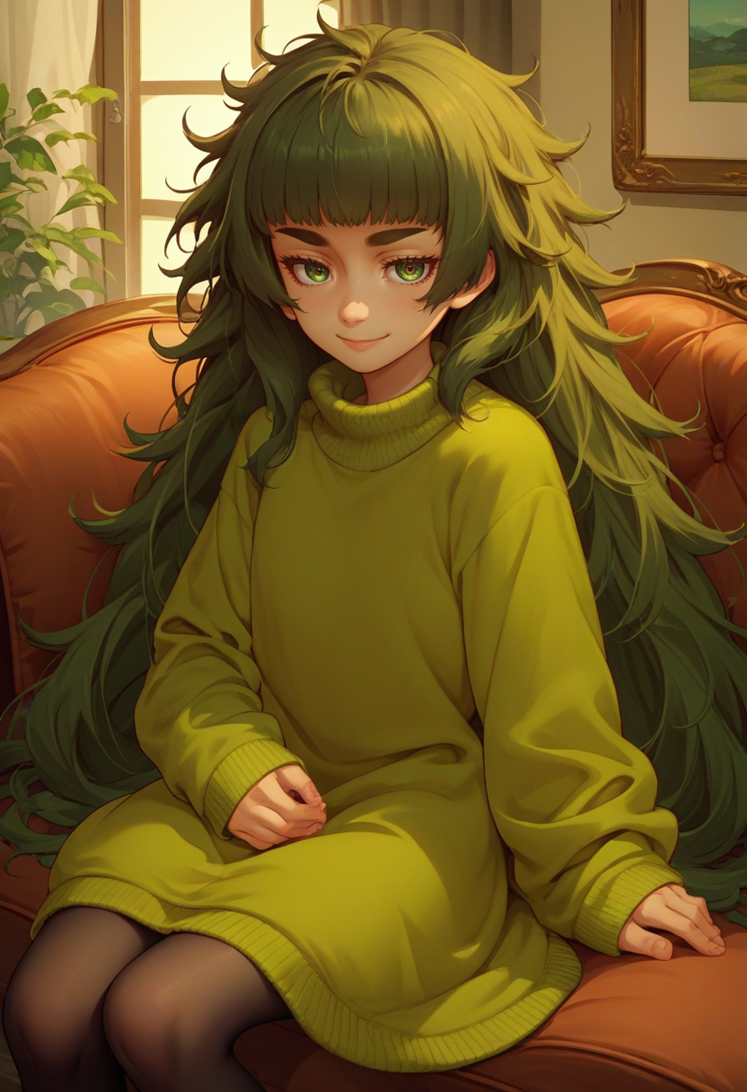 score_9, score_8_up, score_7_up, source_anime, solo, 1girl, hiyajo maho, slight smile, looking at viewer, sitting, couch, very long hair, green hair, messy hair, thick eyebrows, green sweater, sweater dress, black pantyhose, indoors <lora:steinsgate_hiyajo_ponyXL:1>