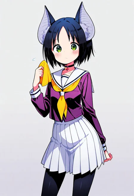 smasterpiece, best quality, amazing quality,, Score 9, Score 8, Score 7, Score 6, Score 5, Score 4, 1 girl, solo, original anime, Chii Suimori, bat girl, short hair, black hair, bat ears, fluff on ears, flat chest(green eyes: 1.1), skirt, school uniform, pleated skirt, serafuku, white skirt, shirt, purple shirt, sailor collar, white sailor collar, long sleeves, handkerchief, yellow handkerchief, long pantyhose, black pantyhose, choker with cross