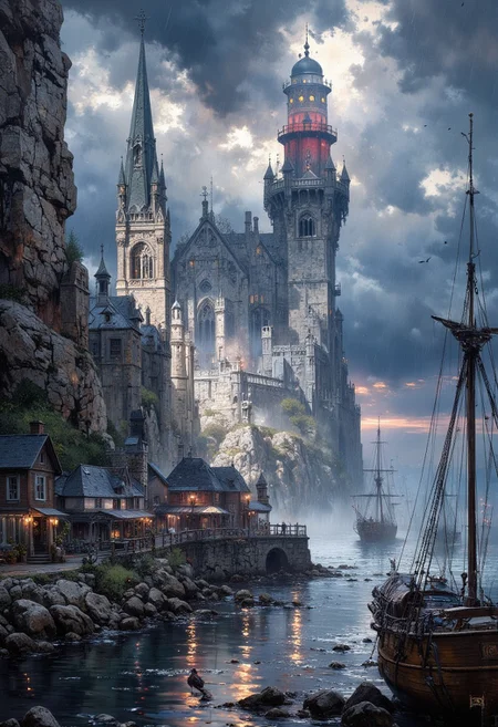 mythp0rt, ArsMJStyle, impressionism, extremely detailed, smooth and sharp, ultra realistic ominous and dark, deep shadows , over the small port town, small river nearby, extremely vertical rocky cliffside, tall church on top of the cliff, docks with wooden ships, busy skies before the storm, clouds are dense and huge, wires and pipes on the ground, huge red and white lighthouse casting shadow on the water, dense clouds, intricate rocky pthways, whole picture is filled with crows and raindrops, desolate, intricate and detailed,