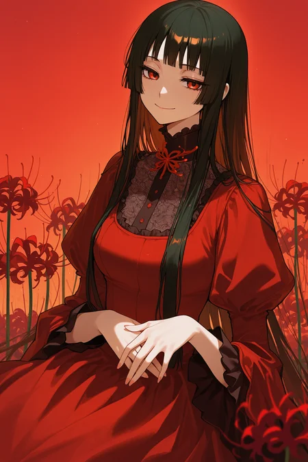 masterpiece, best quality, absurdres, safe
1girl yuuko ichihara, black hair, red eyes, dress, smile, red spider lily
<lora:xxxholic_il_1_d16:1>