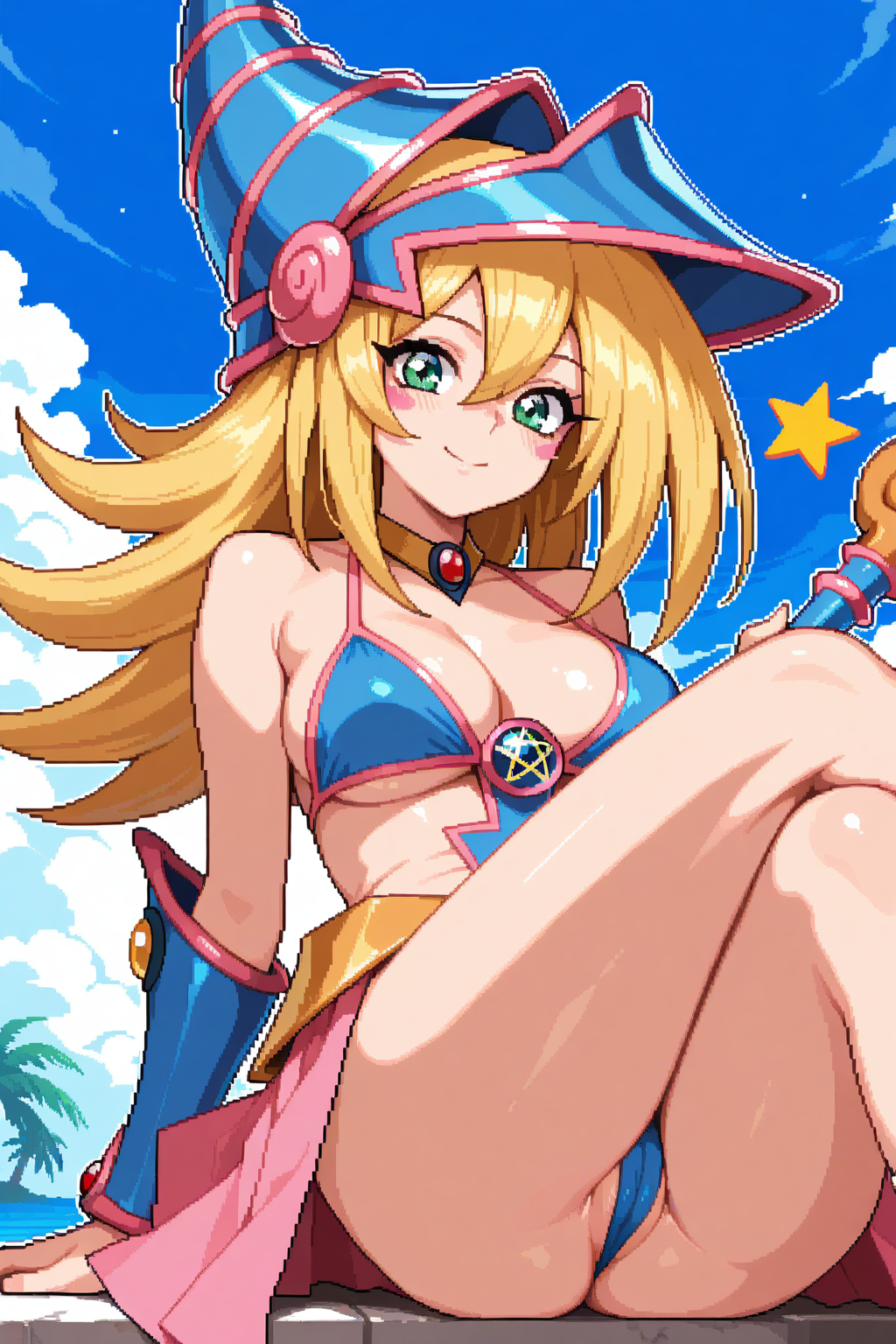 1girl, dark magician girl, yu-gi-oh!, bare shoulders, bikini, blinking, blonde hair, blue bikini, blue hat, breasts, cameltoe, cleavage, cloud, crescent, crossed legs, duel monster, green eyes, hat, holding, holding staff, long hair, looking at viewer, medium breasts, partially visible vulva, pink skirt, pixel art, skirt, smile, solo, staff, star \(symbol\), star in eye, swimsuit, symbol in eye, masterpiece, best quality, absurdres