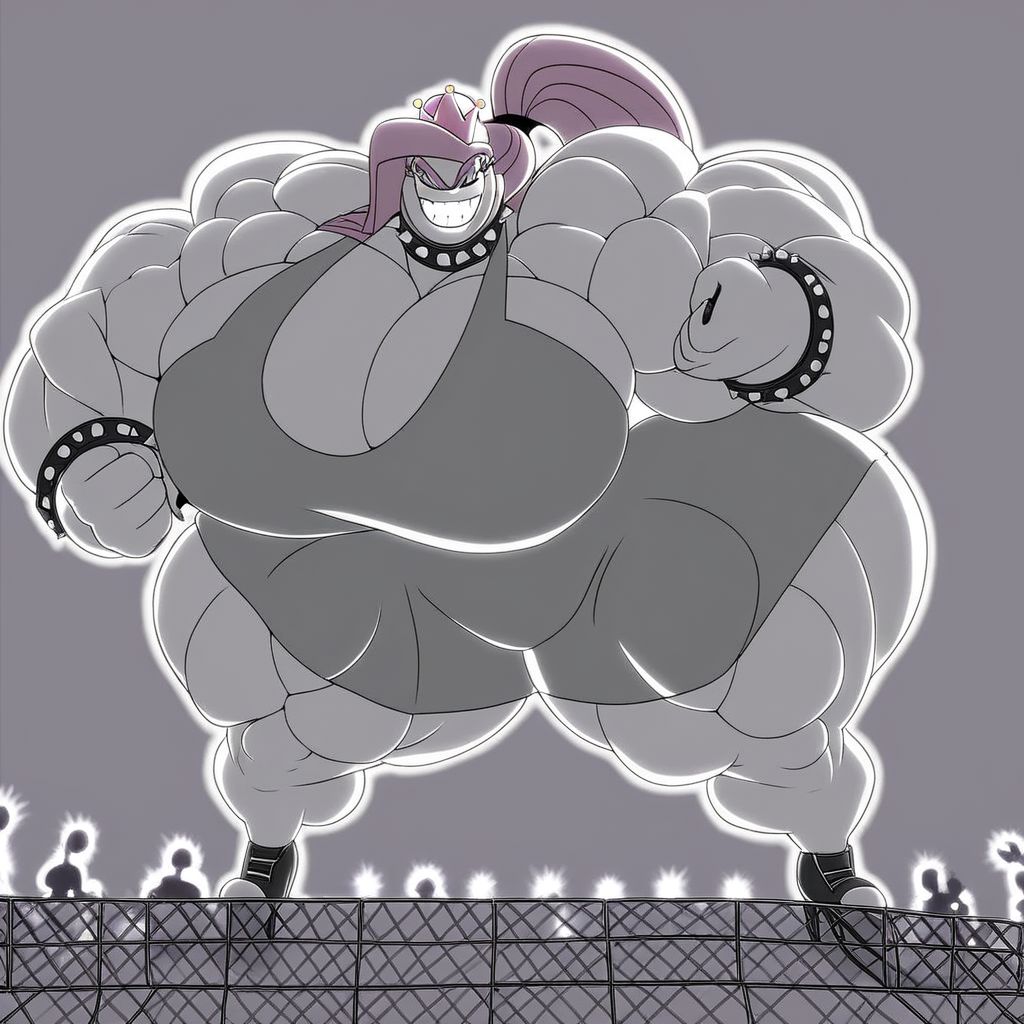 Pinkamena Diane Pie, Equestria Girls, poseMega, 1girl, breasts, super crown, collar, large breasts, bracelet, crown, ponytail, long hair, smile, jewelry, teeth, nail polish, grin, pink_dress, leaning_forward, shirtMega, poseMega, big muscle,large muscle,hyper muscle,huge muscle,thick limbs,thick thighs,thick arms, full body, monster muscles, giantess, microphone, holding microphone, singing, stage, neon lights, best quality, masterpiece, highres