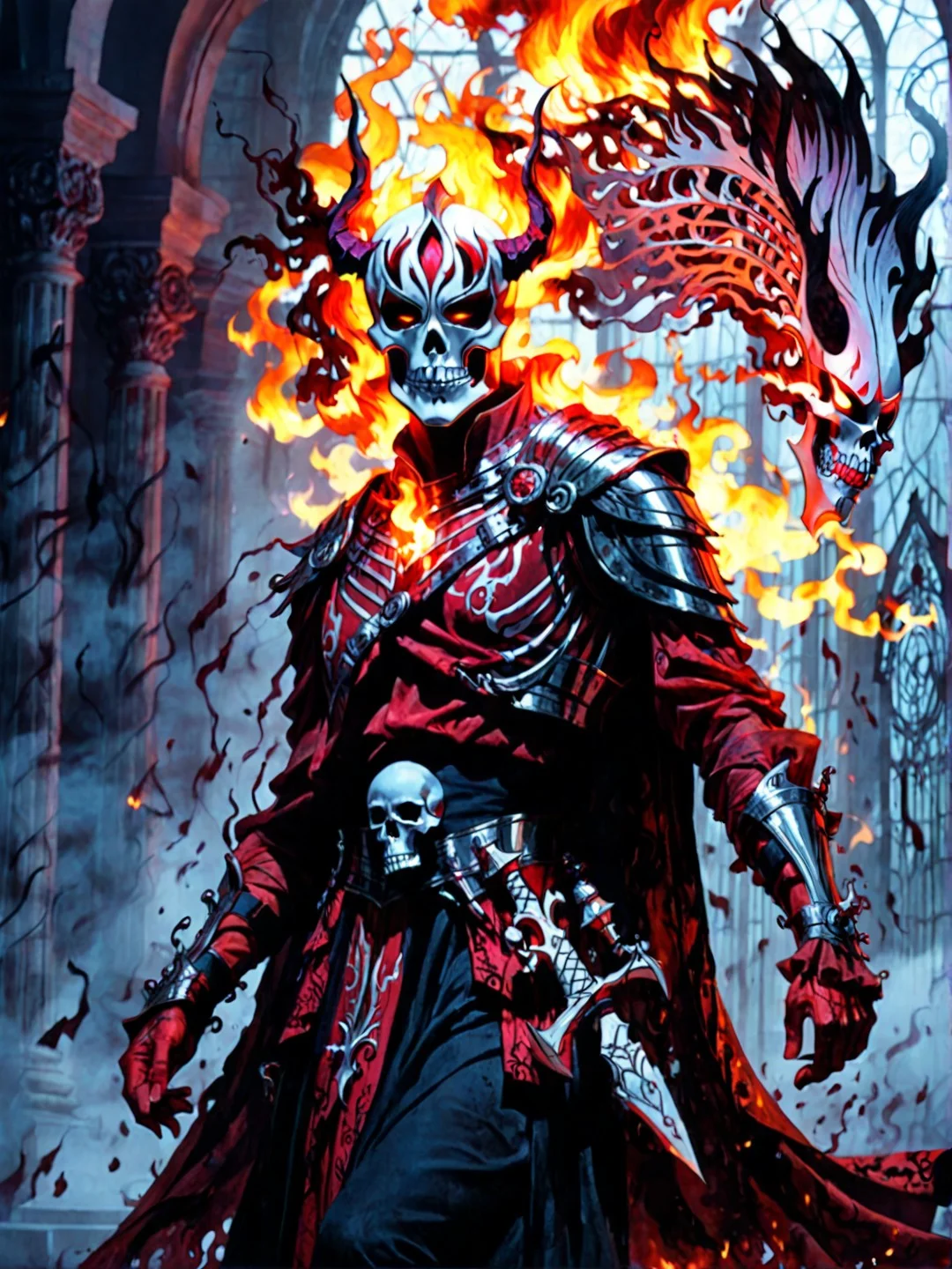 Dark, ethereal figure shrouded in deep shadow and smoke, dynamic pose, barely illuminated by faint, fiery light. A haunting skeletal mask with intricate carvings and dangling metallic adornments frames the figure's head, catching faint glimmers of light. Wisps of flowing, ghostly white hair cascade from beneath the mask, contrasting the darkness. The background is engulfed in smoldering red hues, with faint embers and flames flickering at the bottom of the image. The figure’s form appears abstract, blending into the mist and shadows, creating a sense of dread and mysticism. The atmosphere is foreboding, evoking themes of darkness, decay, and otherworldly power. <lora:add-detail-xl:1.0>