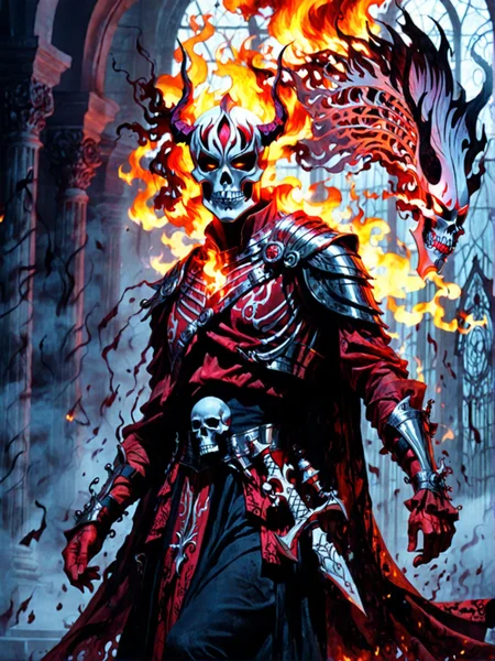Dark, ethereal figure shrouded in deep shadow and smoke, dynamic pose, barely illuminated by faint, fiery light. A haunting skeletal mask with intricate carvings and dangling metallic adornments frames the figure's head, catching faint glimmers of light. Wisps of flowing, ghostly white hair cascade from beneath the mask, contrasting the darkness. The background is engulfed in smoldering red hues, with faint embers and flames flickering at the bottom of the image. The figure’s form appears abstract, blending into the mist and shadows, creating a sense of dread and mysticism. The atmosphere is foreboding, evoking themes of darkness, decay, and otherworldly power. <lora:add-detail-xl:1.0>