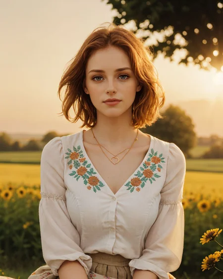 superbloom scenery, 24yo attractive irish redhead, (striking eyes with full limbal ring visible, piercing gaze with prominent limbal rings, large expressive eyes with sharp limbal rings, intense wide eyed stare at viewer:1.4), wide cinematic establishing shot seductive young woman sitting having picnic under tree, (bra strap, cleavage,  young adult irish redhead:1.25), (style of Alessio Albi:1.4), Realist Portraiture, Soft Lighting, Emotional Depth, Simple Compositions, (Layered Depth, Soft focus foreground, Painted Scenery:1.1), alluring feminine physique, short backlit hair, perfect face, thin upper lip, pouting lower lip, thin brows, small upturned nose, bow-shaped lips, Raised Eyebrows, Focused Gaze, eager expression, quaint farm setting, (relaxed country woman), (tight unbuttoned shirt, thin material), subsurface scattering, classic cotton, soft pastel, intricate embroidery collar cuffs, rolled-up sleeves revealing sun-kissed forearms BREAK (blanket:1.15), rich textures, patchwork design, vibrant colors, detailed stitching, homely aesthetic (skirt), elegant rustic charm, subtle floral pattern, linen, sways breeze BREAK ((wildflower wreath)), crown delicate chain necklace, small, intricate pendant, heart-shaped with floral theme, glowing subtly in the soft light, ethereal quality, [lens flare glinting], (mischievous yet content expression), lush green fields in the background, (soft, sunlit ambiance), simple leather boots, carefree hair  <lora:kodak_ultramax_400:0.8> golden hour, soft golden light, pastel sky, relaxed posture, natural smile, earthy colors, candid moment, trees and flowers in background, leading lines, depth of field, slightly off-center framing, warm tones, cinematic look, natural setting, editorial style, soft textures, subtle lighting, peaceful mood