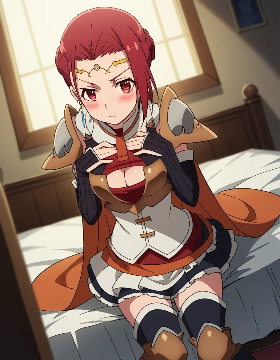 score_9, score_8_up, score_7_up, source_anime, <lora:pina-co-lada-s1s2-ponyxl-lora-nochekaiser:1>, pina co lada, short hair, red eyes, red hair, braid, single braid, braided ponytail, medium breasts,, skirt, thighhighs, cleavage, jewelry, earrings, detached sleeves, cape, armor, cleavage cutout, circlet,, indoors, bed, bed room, on side, blush, drunk,, , , hands on own chest,, solo,, cowboy shot, dutch angle